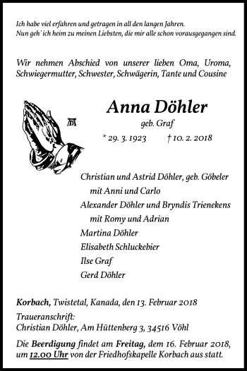 Traueranzeige von Anna Döhler von Waldeckische Landeszeitung