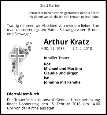 Traueranzeige von Arthur Kratz von Waldeckische Landeszeitung
