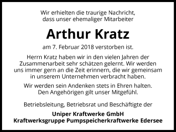 Traueranzeige von Arthur Kratz von Waldeckische Landeszeitung