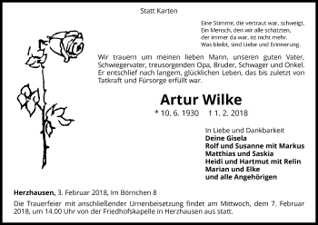 Traueranzeige von Artur Wilke von Waldeckische Landeszeitung