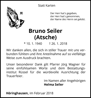 Traueranzeige von Bruno Seiler von Waldeckische Landeszeitung