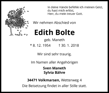 Traueranzeige von Edith Bolte von Waldeckische Landeszeitung