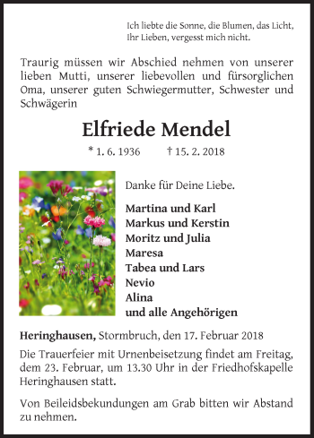 Traueranzeige von Elfriede Mendel von Waldeckische Landeszeitung