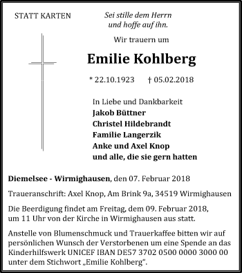 Traueranzeige von Emilie Kohlberg von Waldeckische Landeszeitung