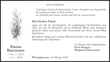 Traueranzeige von Emma Bartmann von Waldeckische Landeszeitung