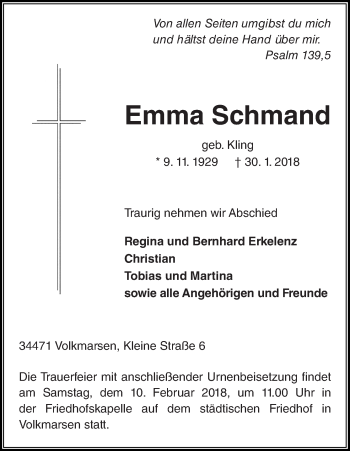 Traueranzeige von Emma Schmand von Waldeckische Landeszeitung