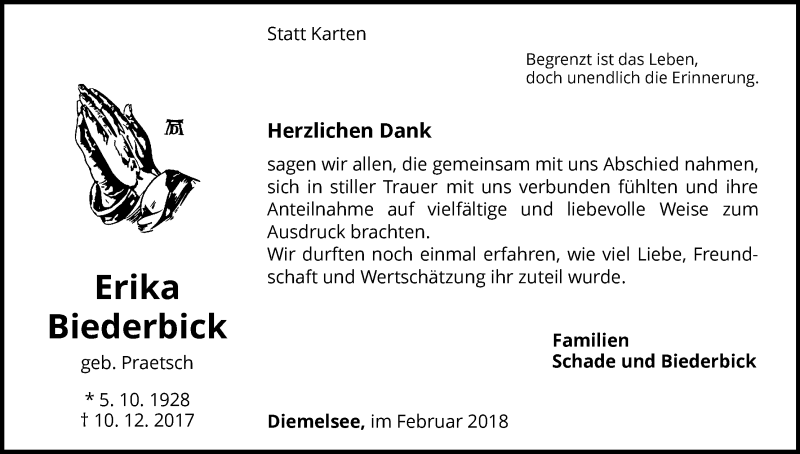 Traueranzeige für Erika Biederbick vom 03.02.2018 aus Waldeckische Landeszeitung