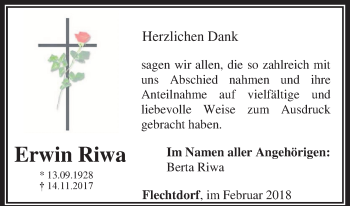 Traueranzeige von Erwin Riwa von Waldeckische Landeszeitung