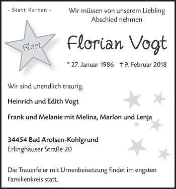 Traueranzeige von Florian Vogt von Waldeckische Landeszeitung