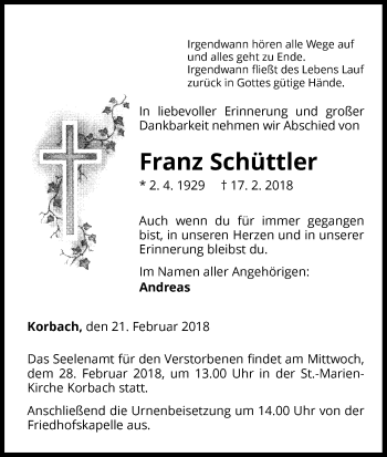 Traueranzeige von Franz Schüttler von Waldeckische Landeszeitung