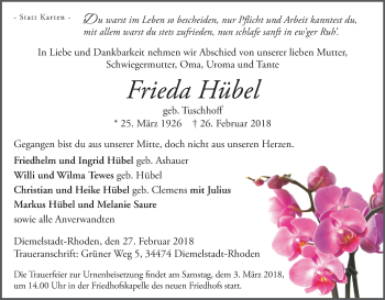 Traueranzeige von Frieda Hübel von Waldeckische Landeszeitung