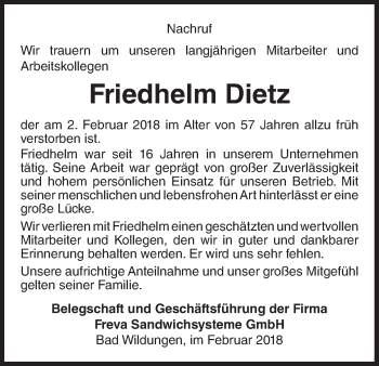 Traueranzeige von Friedhelm Dietz von Waldeckische Landeszeitung