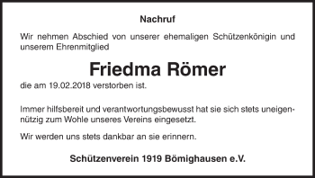 Traueranzeige von Friedma Römer von Waldeckische Landeszeitung