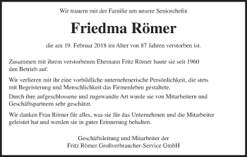 Traueranzeige von Friedma Römer von Waldeckische Landeszeitung