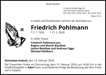 Traueranzeige von Friedrich Pohlmann von Waldeckische Landeszeitung