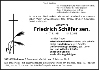 Traueranzeige von Friedrich Schäfer von Waldeckische Landeszeitung