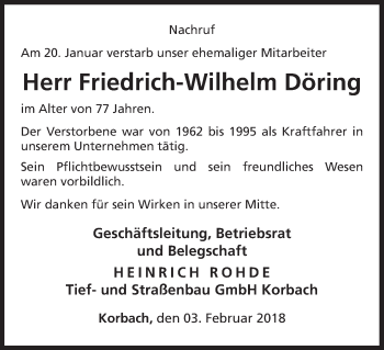 Traueranzeige von Friedrich-Wilhelm Döring von Waldeckische Landeszeitung