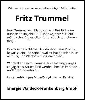 Traueranzeige von Fritz Trummel von Waldeckische Landeszeitung