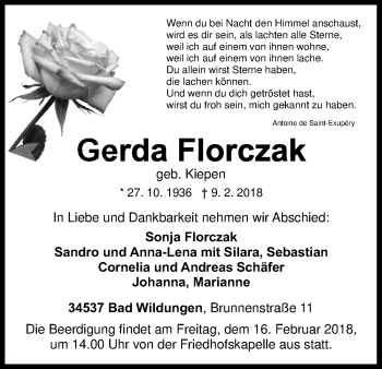 Traueranzeige von Gerda Florczak von Waldeckische Landeszeitung