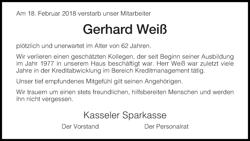  Traueranzeige für Gerhard Weiß vom 21.02.2018 aus Waldeckische Landeszeitung