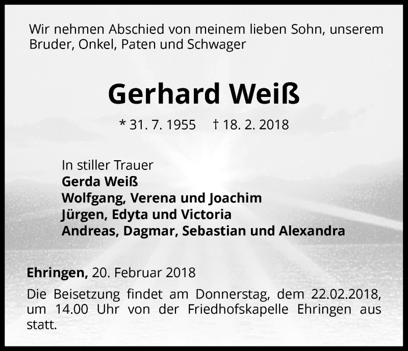  Traueranzeige für Gerhard Weiß vom 20.02.2018 aus Waldeckische Landeszeitung