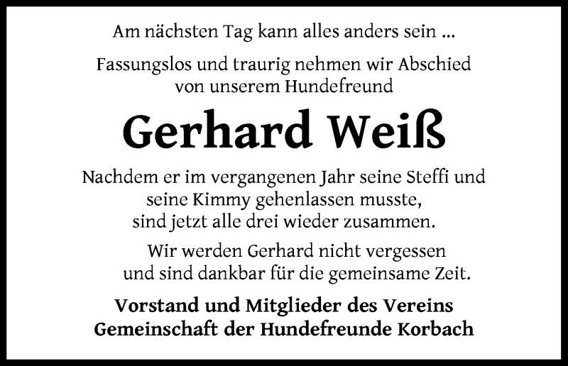  Traueranzeige für Gerhard Weiß vom 22.02.2018 aus Waldeckische Landeszeitung