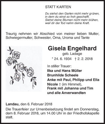 Traueranzeige von Gisela Engelhard von Waldeckische Landeszeitung