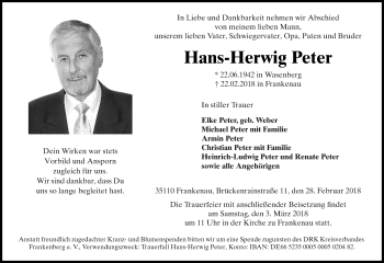 Traueranzeige von Hans-Herwig Peter von Waldeckische Landeszeitung