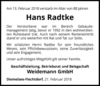 Traueranzeige von Hans Radtke von Waldeckische Landeszeitung