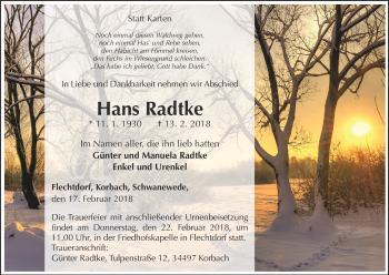 Traueranzeige von Hans Radtke von Waldeckische Landeszeitung