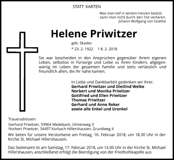 Traueranzeige von Helene Priwitzer von Waldeckische Landeszeitung