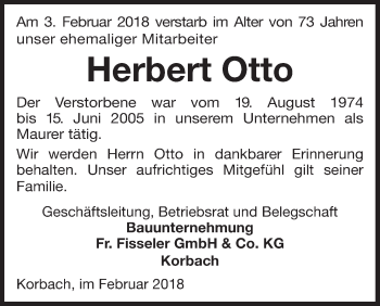Traueranzeige von Herbert Otto von Waldeckische Landeszeitung
