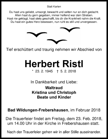 Traueranzeige von Herbert Ristl von Waldeckische Landeszeitung