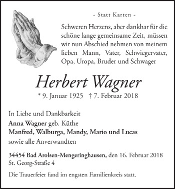 Traueranzeige von Herbert Wagner von Waldeckische Landeszeitung