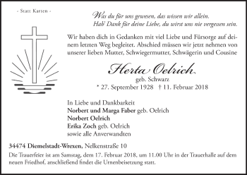 Traueranzeige von Herta Oelrich von Waldeckische Landeszeitung