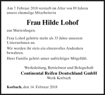 Traueranzeige von Hilde Lohof von Waldeckische Landeszeitung