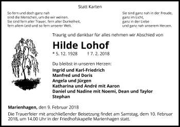 Traueranzeige von Hilde Lohof von Waldeckische Landeszeitung