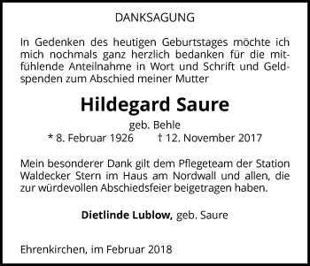 Traueranzeige von Hildegard Saure von Waldeckische Landeszeitung