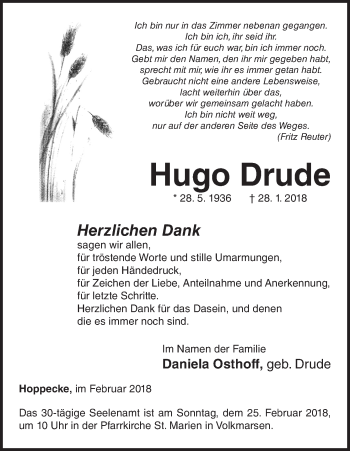 Traueranzeige von Hugo Drude von Waldeckische Landeszeitung