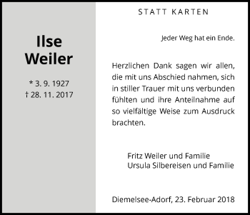 Traueranzeige von Ilse Weiler von Waldeckische Landeszeitung