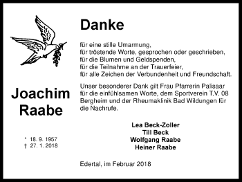 Traueranzeige von Joachim Raabe von Waldeckische Landeszeitung