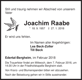 Traueranzeige von Joachim Raabe von Waldeckische Landeszeitung