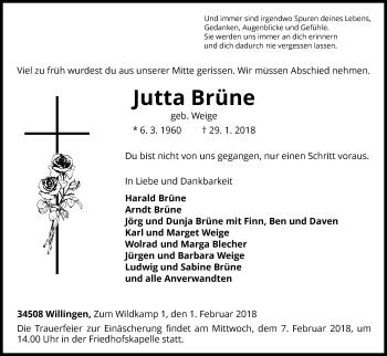 Traueranzeige von Jutta Brüne von Waldeckische Landeszeitung