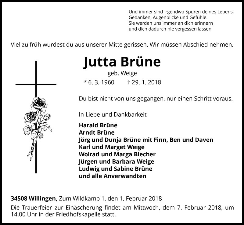  Traueranzeige für Jutta Brüne vom 01.02.2018 aus Waldeckische Landeszeitung