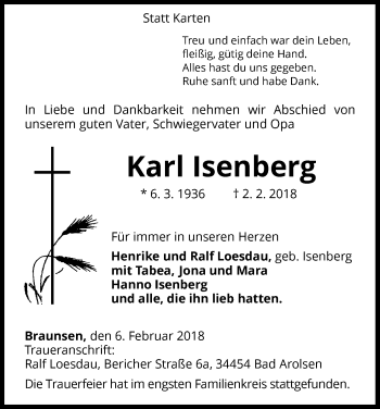 Traueranzeige von Karl Isenberg von Waldeckische Landeszeitung