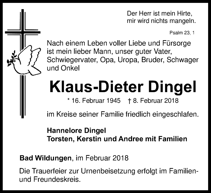  Traueranzeige für Klaus-Dieter Dingel vom 16.02.2018 aus Waldeckische Landeszeitung