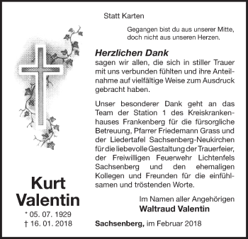 Traueranzeige von Kurt Valentin von Waldeckische Landeszeitung