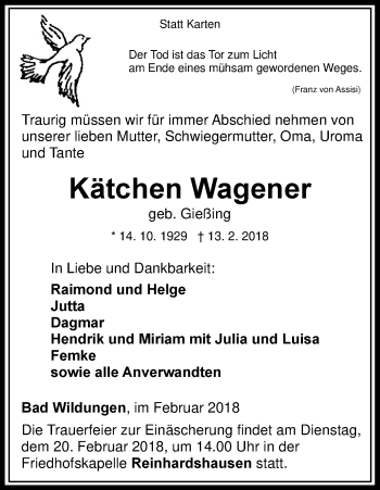 Traueranzeige von Kätchen Wagener von Waldeckische Landeszeitung