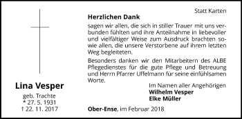 Traueranzeige von Lina Vesper von Waldeckische Landeszeitung