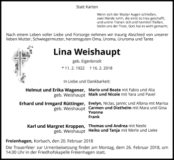 Traueranzeige von Lina Weishaupt von Waldeckische Landeszeitung